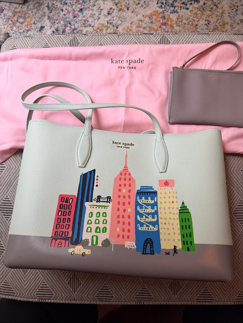 kate spade mint green tote with colorful city skyline print